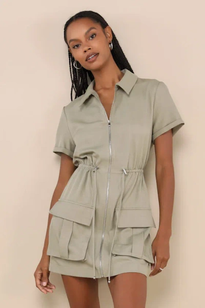 Lulus On-the-go Aura Olive Green Twill Cargo Mini Dress With Pockets