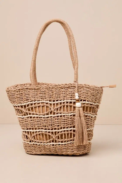 Lulus On The Go Aura Tan Striped Woven Tote Bag In Brown