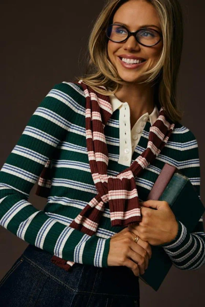Lulus Opal Green And Blue Striped Ribbed Knit Collar Top