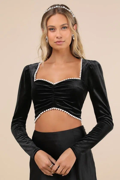 Lulus Opulent Moment Black Velvet Beaded Long Sleeve Crop Top