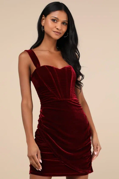 Lulus Opulent Mood Burgundy Velvet Bustier Mini Dress