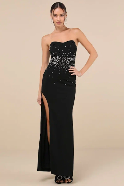 Lulus Opulent Muse Black Rhinestone Strapless Bustier Maxi Dress
