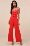 Lulus Opulent Outlook Red Bow Strapless Wide-leg Jumpsuit In Red