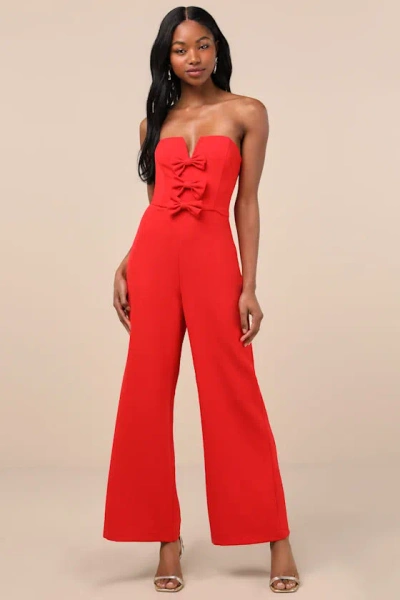 Lulus Opulent Outlook Red Bow Strapless Wide-leg Jumpsuit
