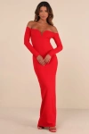 Lulus Opulent Perfection Red Long Sleeve Off-the-shoulder Maxi Dress In Red