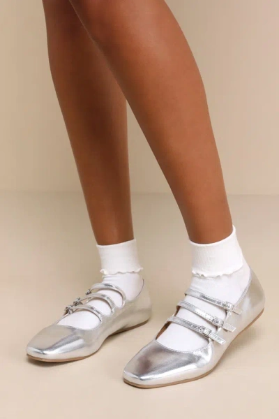 Lulus Ortie Silver Strappy Buckle Ballet Flats
