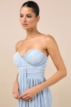 Lulus Oswin Light Blue Satin Plisse Strapless Maxi Dress In Light Blue