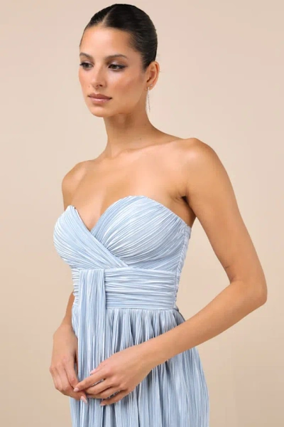 Lulus Oswin Light Blue Satin Plisse Strapless Maxi Dress