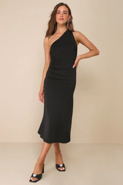 Lulus Outstanding Mood Black Slinky Knit One-shoulder Midi Dress
