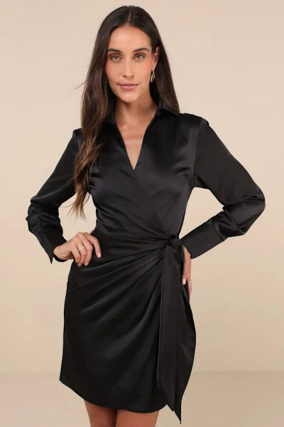 Lulus Painterly Perfection Black Satin Wrap Mini Dress