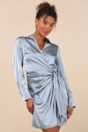 Lulus Painterly Perfection Slate Blue Satin Wrap Mini Dress In Slate Blue