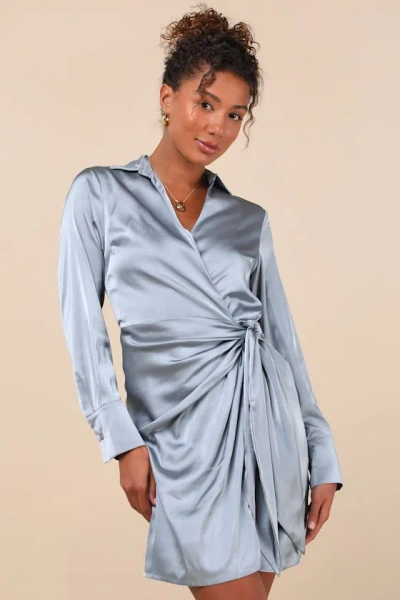 Lulus Painterly Perfection Slate Blue Satin Wrap Mini Dress