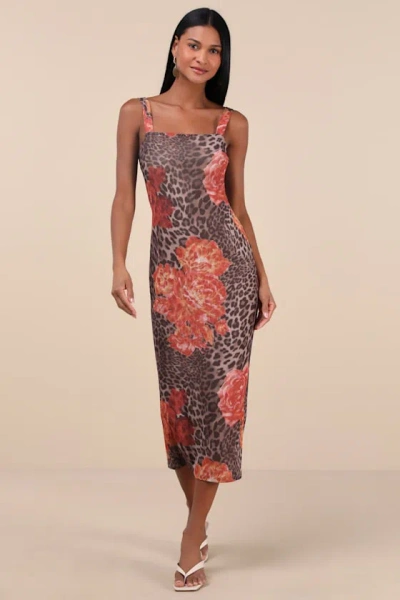Lulus Palesa Brown Leopard Floral Print Mesh Midi Dress