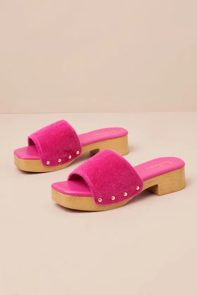 Lulus Paley Fuchsia Faux Fur Platform Slide Sandals