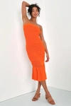 Lulus Palm Springs Sweetie Orange Knit Strapless Midi Dress In Orange