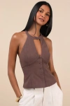 Lulus Pamula Brown Halter Button-front Top In Brown