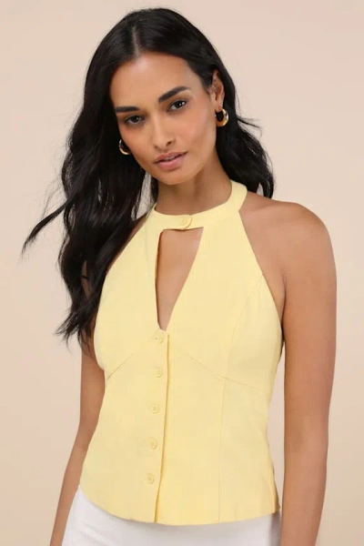 Lulus Pamula Light Yellow Halter Button-front Top
