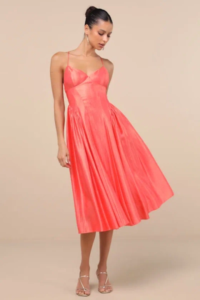 Lulus Paride Shiny Coral Gathered Lace-up Midi Dress
