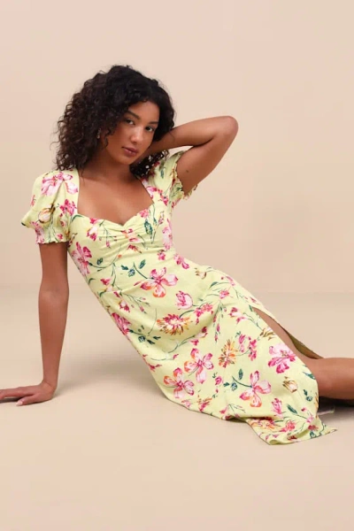 Lulus Parisian Picnic Green Floral Jacquard Puff Sleeve Midi Dress