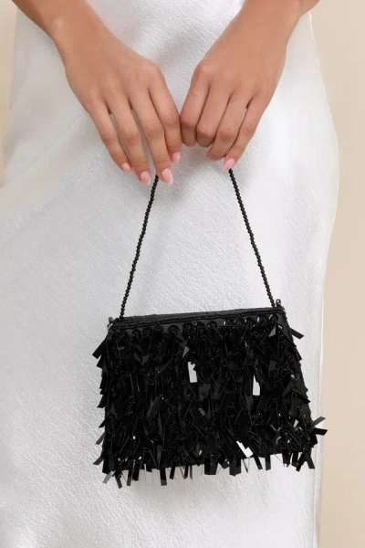 Lulus Party Professional Shiny Black Beaded Fringe Handbag