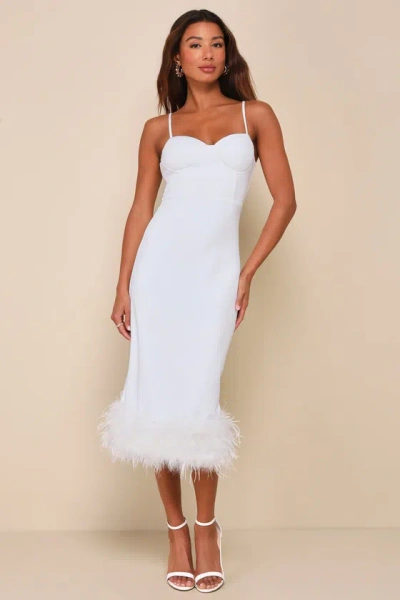 Lulus Passion For Glamour White Sleeveless Bustier Feather Midi Dress