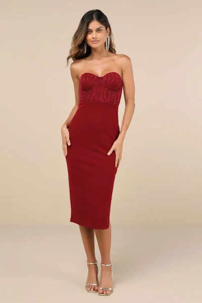 Lulus Passionate Aura Wine Red Textured Strapless Bustier Midi Dress