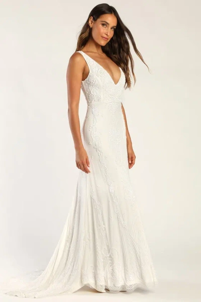 Lulus Passionate Romance White Beaded Sequin Mermaid Maxi Dress