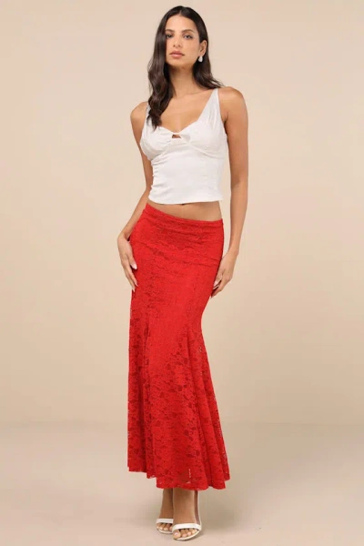 Lulus Passionate Statement Red Floral Lace Mermaid Midi Skirt