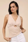 Lulus Patrizia Beige Cutout Bow V-neck Sleeveless Top