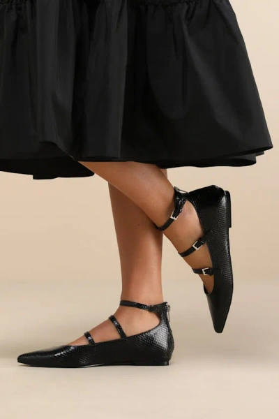 Lulus Paysen Black Snake-embossed Ankle Strap Ballet Flats