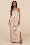 Lulus Pazzi Gold Floral Sequin Strapless Column Maxi Dress In Gold