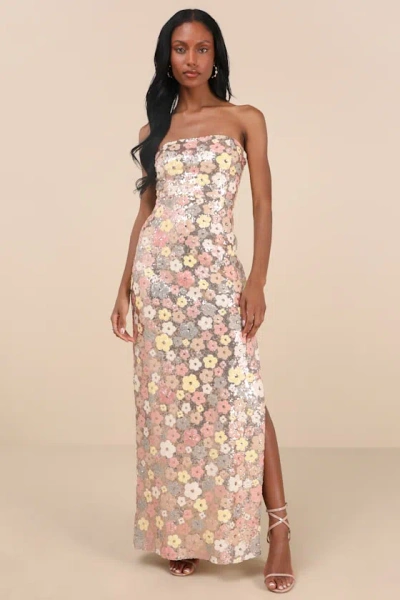 Lulus Pazzi Gold Floral Sequin Strapless Column Maxi Dress