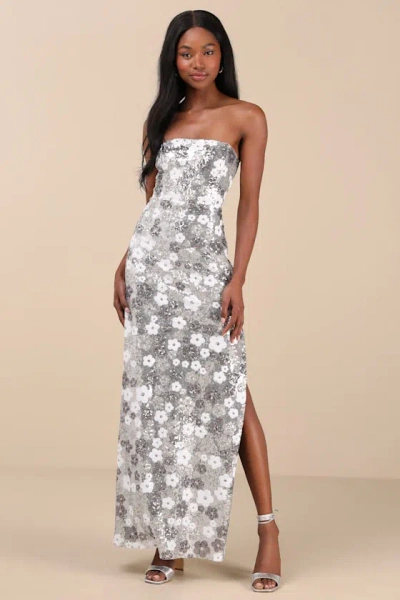 Lulus Pazzi Silver Floral Sequin Strapless Column Maxi Dress