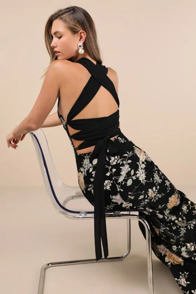 Lulus Pemberley Black Jacquard Lace-up Maxi Dress
