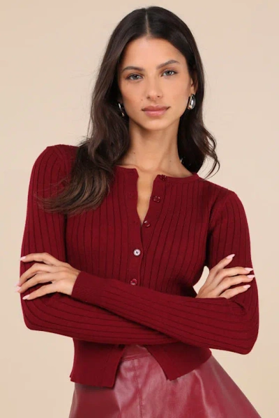 Lulus Perfect Classic Burgundy Cable Knit Cardigan Sweater