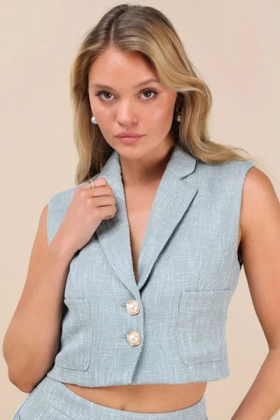 Lulus Perfect Company Light Blue Tweed Sleeveless Cropped Blazer