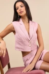 Lulus Perfect Company Pink Tweed Sleeveless Cropped Blazer In Pink