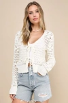 LULUS PERFECT DIRECTION IVORY CROCHET TIE-FRONT CARDIGAN SWEATER