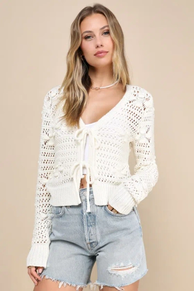 Lulus Perfect Direction Ivory Crochet Tie-front Cardigan Sweater