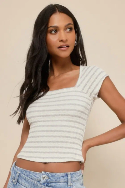 Lulus Perfect Ease Cream Striped Crinkle Short Sleeve Tee In White