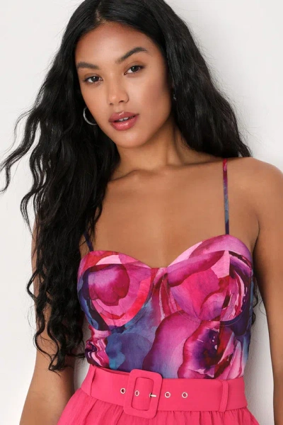 Lulus Perfect Energy Purple Multi Floral Print Bustier Bodysuit