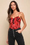 Lulus Perfect Energy Red Floral Print Bustier Bodysuit In Red