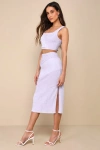 LULUS PERFECT FATE LAVENDER TEXTURED TWO-PIECE MIDI DRESS