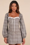 Lulus Perfect Forecast Brown Plaid Tweed Long Sleeve Lace Mini Dress In Brown