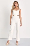 Lulus Perfect Icon Ivory Bustier Cutout Straight Leg Denim Jumpsuit In Ivory