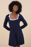 Lulus Perfect Outcome Navy Long Sleeve Sweater Mini Dress In Navy