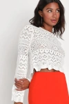 Lulus Perfect Outlook Ivory Crochet Long Sleeve Cropped Sweater Top In Ivory