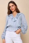 LULUS PERFECT PERSPECTIVE BLUE VELVET STRIPED RUFFLED LONG SLEEVE TOP