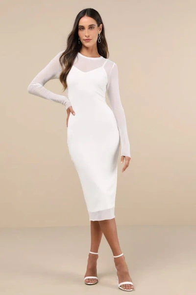 Lulus Perfect Plans Ivory Sheer Mesh Long Sleeve Bodycon Midi Dress