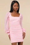 Lulus Perfect Sensation Light Pink Mesh Ruched Puff Sleeve Mini Dress In Light Pink